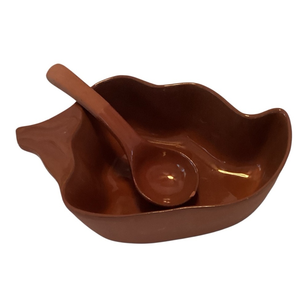 Terra-Cotta Exterior w/ Glazed Interior Chili Pepper Salsa Server Bowl w/ Ladle - Picture 3 of 4
